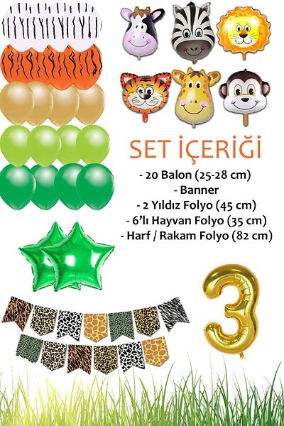 Patladı Gitti Safari Concept 3 Years Birthday Party Celebration Set;Number and Star Foil, Banner and Balloon Chain