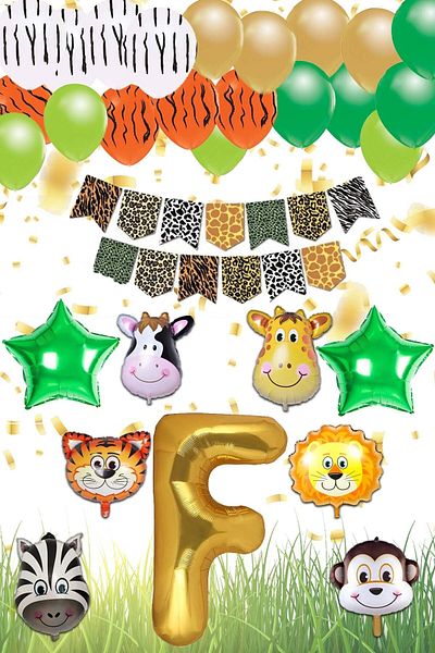 Patladı Gitti Safari Concept F Letter Birthday Set - Letter and Star Foil, Banner and Balloon Chain