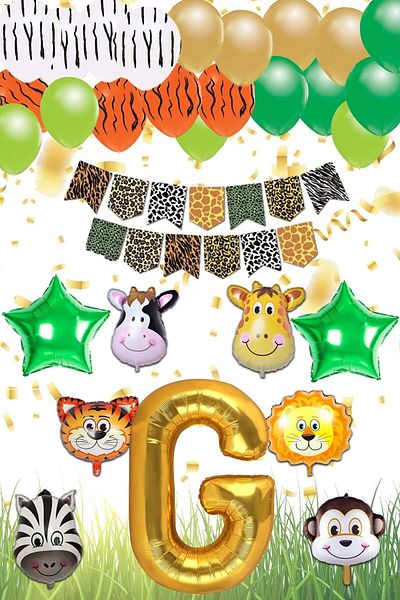 Patladı Gitti Safari Concept g Letter Birthday Party Celebration Set; Letter and Star Foil, Banner and Balloon Chain