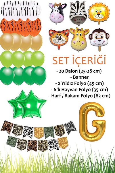 Patladı Gitti Safari Concept g Letter Birthday Party Celebration Set; Letter and Star Foil, Banner and Balloon Chain