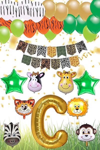 Patladı Gitti Safari Concept Letter C Birthday Party Celebration Set; Letter and Star Foil, Banner and Balloon Chain