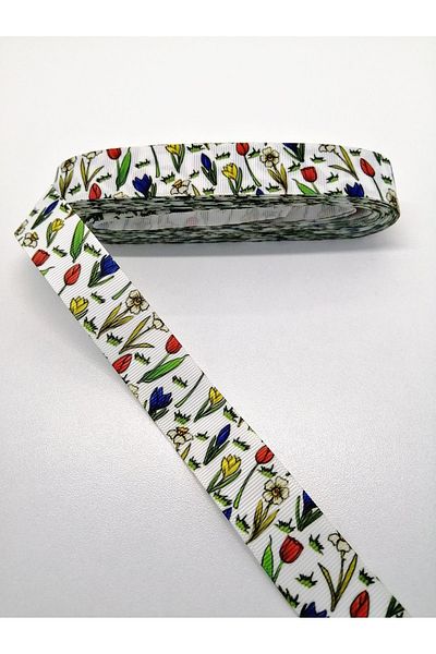 Bride Aksesuar Dünyası Panglică Grosgrain cu Motiv Lalea Albă 2,5 Cm 3 Metri – Panglică – Panglică