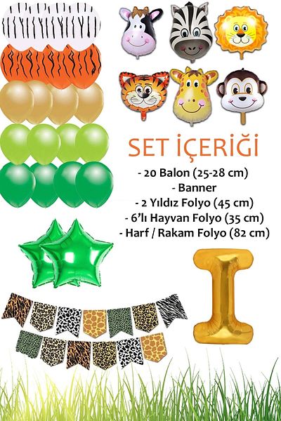 Patladı Gitti Safari Concept I Letter Birthday Party Celebration Set; Letter and Star Foil, Banner and Balloon Chain