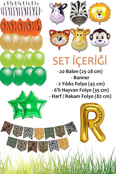 Patladı Gitti Safari Concept R Letter Birthday Party Celebration Set; Letter and Star Foil, Banner and Balloon Chain