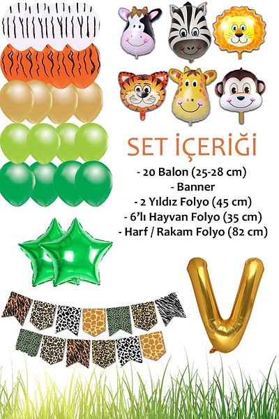 Patladı Gitti Letter V Safari Concept - Birthday Party Celebration Set; Letter and Star Foil, Banner and Balloon Chain