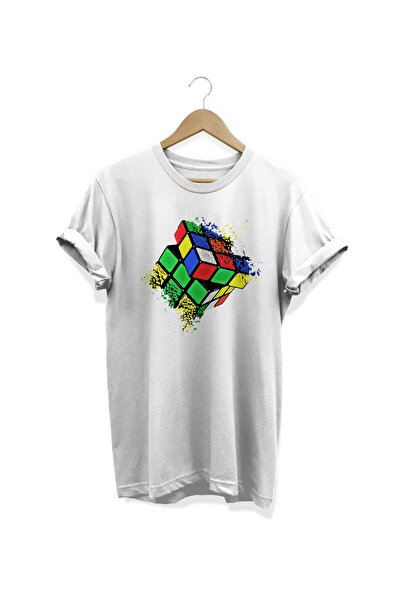 WİDİ تي شيرت أبيض مطبوع عليه مكعب روبيك