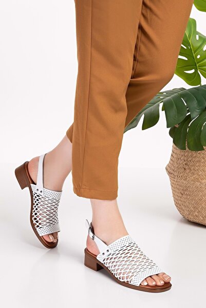 Gondol Kadın Hakiki Deri Lazer Kesim Topuklu Sandalet Iz.6001 - Beyaz - 36