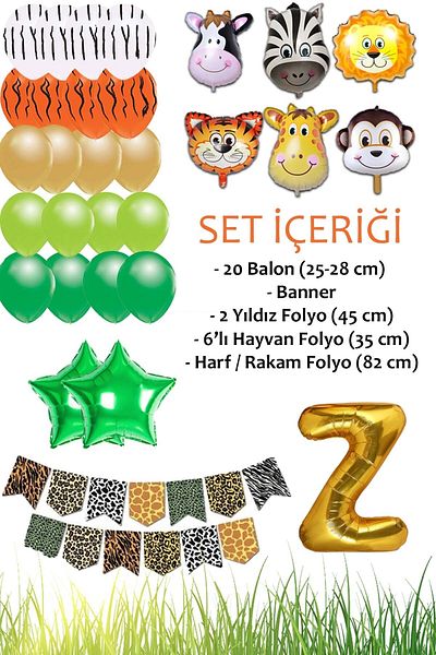 Patladı Gitti Safari Concept Z Letter Birthday Party Set - Letter and Star Foil, Banner and Balloon Chain