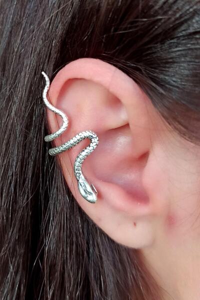 Fildişi Aksesuar Antik Gümüş Kaplama Yılan Şekilli El Yapımı Tek Adet Kıkırdak Küpe