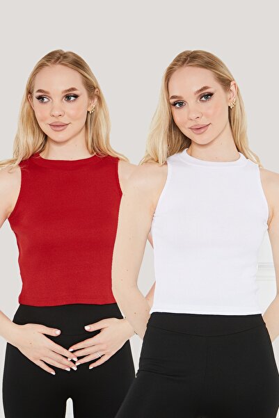 Seise Tekstil Γυναικεία μπλούζα με λαιμόκοψη με ραβδώσεις 2 συσκευασιών Crop