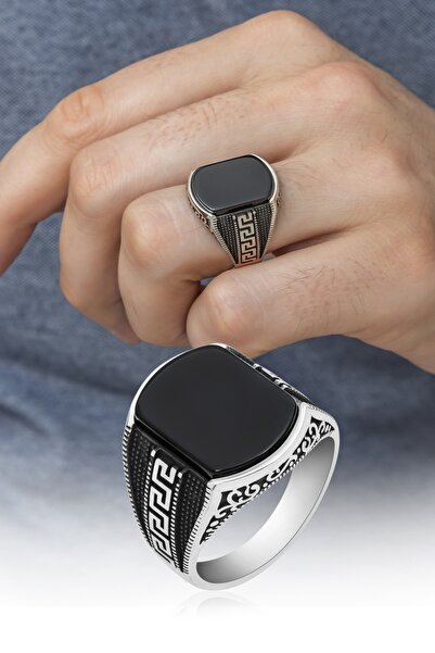 ALYANSEVİM Grek Desenli Oniks Taşlı 925 Gümüş Erkek Yüzük