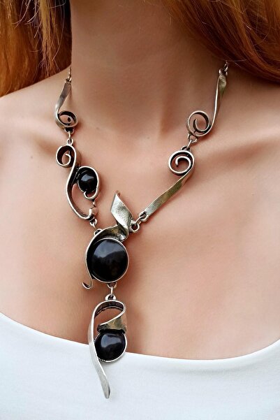 Fildişi Aksesuar Antik Gümüş Kaplama Siyah Taşlı Asimetrik Şekilli El Yapımı ...