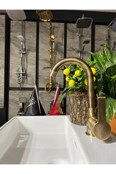 İSAOĞLU YAPI Antique Gold Diamond Design Sink Mixer Antique Sink Mixer