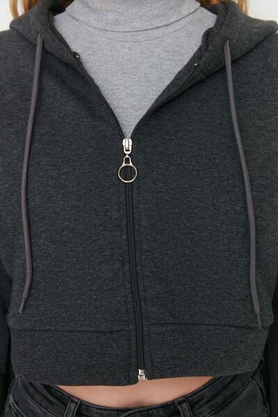 Trendyol Collection Anthracite Zippered Hooded Thick Fleece Inside Knitted Sweatshirt TWOAW23SW00028