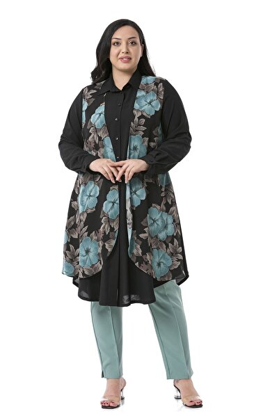 DISENTIS MODEST Büyük Beden Katlamalı Kollu Önde Şifon Detaylı Uzun Mint Yeşi...