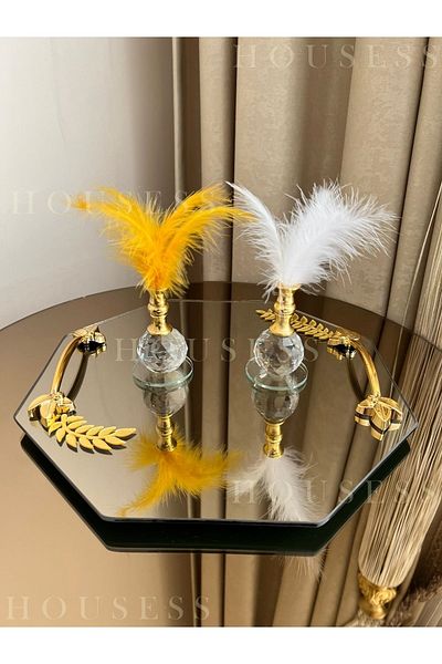 Housess Decorative Mirrored Leaf Detailed Tray and 2-Piece Gold Feather Holder 25x25 Cm