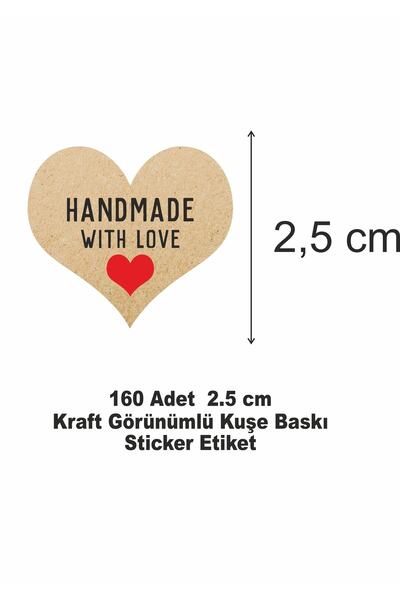 printiks 160 Adet 2.5 Cm Handmade With Love Yapışkanlı Kraft Görünümlü Sticker Etiket Paketleme Parti Hediye