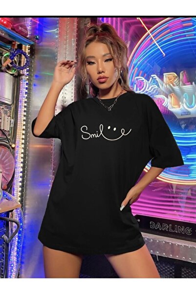 LOUİSA Oversize Unisex Smile Written Μαύρο Tshirt
