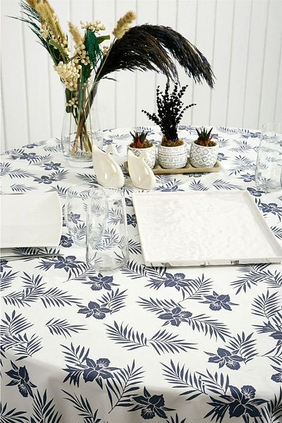 NT Handmade Navy Blue Floral White 160x140 Cm Tablecloth - Tablecloth for Kitchen Concept Picnic Camping