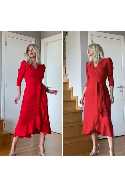 Genel Markalar Elçi moda Krep Kumaş Midi Boy Kuşaklı Uzunkol Elbise