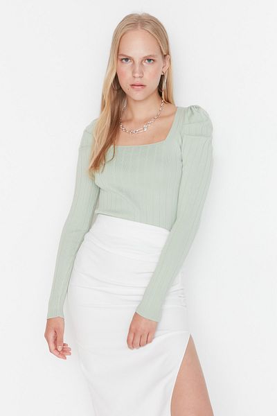 Trendyol Collection Pulover din tricot cu guler pătrat adunat mentă TWOAW21KZ0649