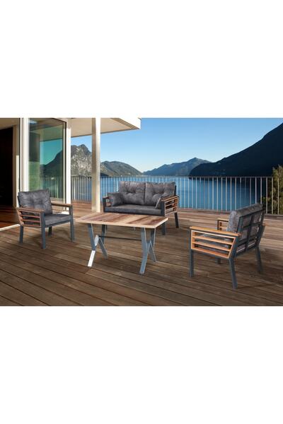 Tu Tienda AHŞAP KOL DETAYLI PAPATYA 2+1+1+MASA(70*120) BAHÇE BALKON MUTFAK TA...