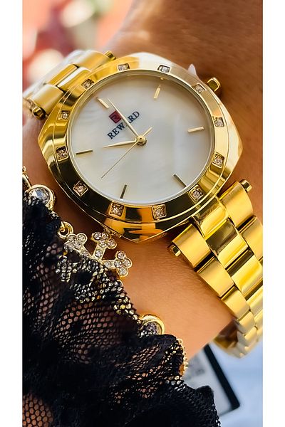 Reward Stone Dial, Steel Strap, Special Lock System, Gold Yellow Color Women's Wristwatch + Bracelet