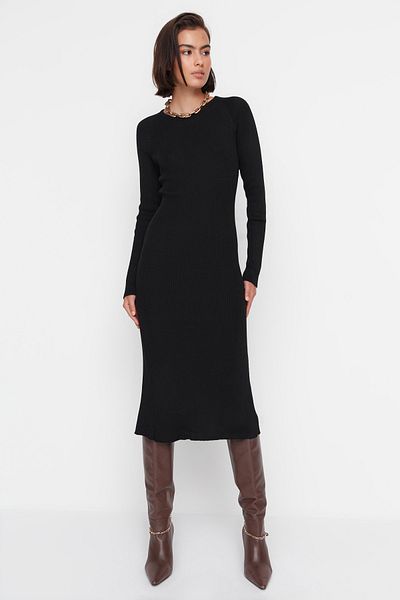 Trendyol Collection Tricotaj Rochie Midi - Neagra, Model de baza TWOAW23EL00023