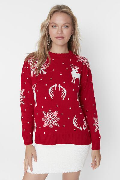 Trendyol Collection Újévi témájú piros jacquard kötöttáru pulóver - TWOAW23KZ01591