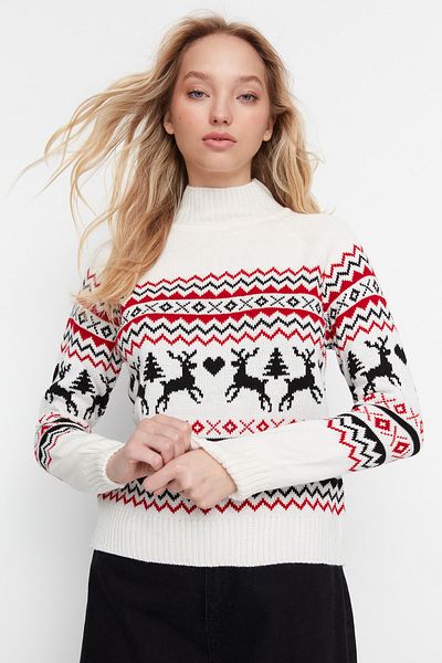 Trendyol Collection Svetr z ecru vánočního žakárového úpletu