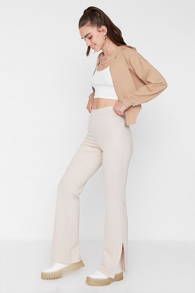 Trendyol Collection Beige Straight Slit Knitted Trousers TWOAW23PL00005