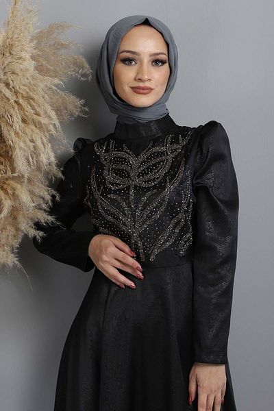 Modamihram Stoned gemustertes Abendkleid Schwarz