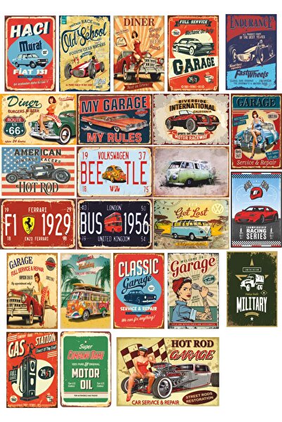 Hayat Poster Klasik Arabalar Retro Vintage Klasik Araba Kolaj Seti - 24 Adet - Kuşe Kağıt Kaplamalı Poster Seti