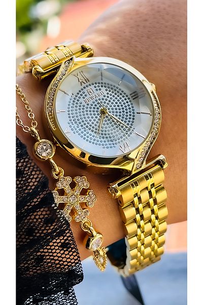 Reward Stone Dial, Steel Strap, Special Lock System, Gold Yellow Color Women's Wristwatch + Bracelet