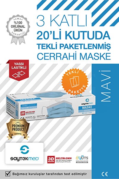 SAYTEKMED Tek Tek Steril Paketli, Meltblown Filtreli, 3 Katlı Mavi Maske (1 Kutu/20 Adet)