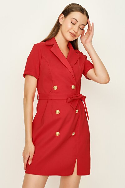 Select Moda Women's Red Button Detailed Belted Jacket Dress