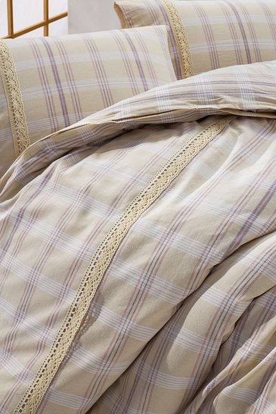 Durul Buldan Işi Authentic Claret Red Striped Guipure Double Boxed Duvet Cover Set