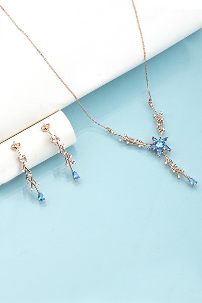 LINTERNA 925 Ayar Gümüş Aquamarine Nergis Çiçeği Sarmaşık Kolye Küpe Takı Seti