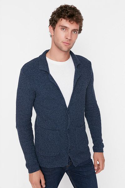 Trendyol Collection Sötétkék karcsúsított gyapjúkabát gallér texturált zsebek kötöttáru kardigán TMNAW21HI0060