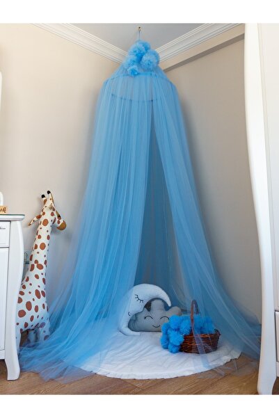 G&G baby Gg Baby Lüks Tavandan Asmalı Mavi Ponponlu Beşik Cibinlik