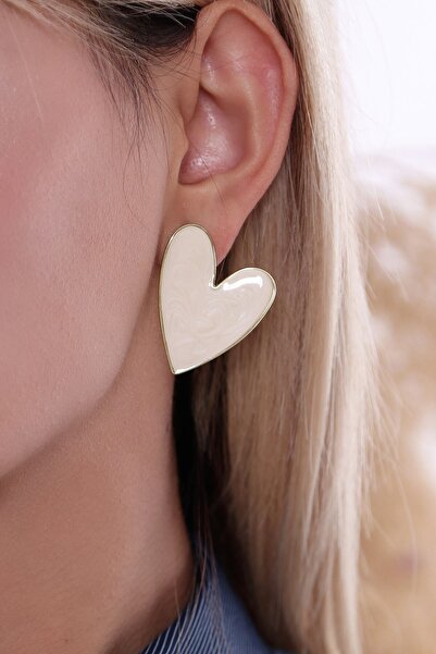 Bhs life 925 Ayar Gümüş Özel Büyük Kalp Küpe Krem