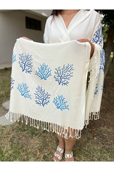 My-o Γυναικεία μπουρνούζι με κουκούλα μπλε κοραλλί με στάμπα μπαμπού Peshtemal και πετσέτα Peshtemal Λευκό Σετ 2 τεμαχίων