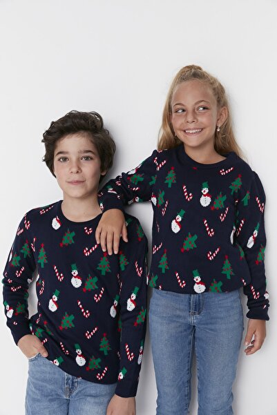 TRENDYOLKIDS Pulover unisex, tricotaje pentru copii, albastru bleumarin, jacquard TKDAW23KZ00042