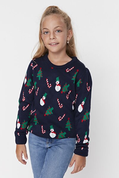 TRENDYOLKIDS Pulover unisex, tricotaje pentru copii, albastru bleumarin, jacquard TKDAW23KZ00042