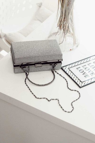 Moom Bag Geantă de seară cu lanț dreptunghiular platină pentru femei