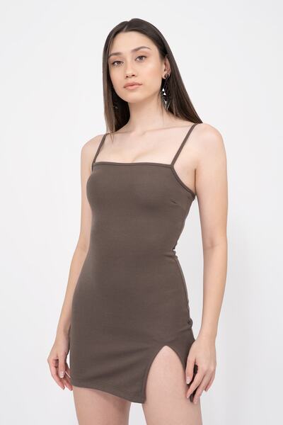 Soyo Дамска кафява мини рокля с цепка презрамка