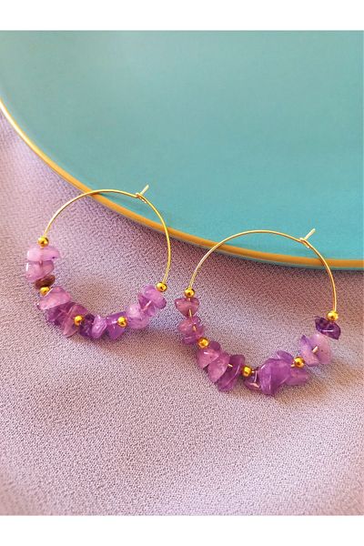 delay art Amethyst Stone Hoop Earrings Authentic Ethnic Purple and Gold Color Natural Stone Jewelry.Length: 4cm