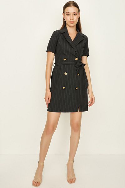 Select Moda Rochie de damă, antracit, cu dungi, cu nasturi, cu curea