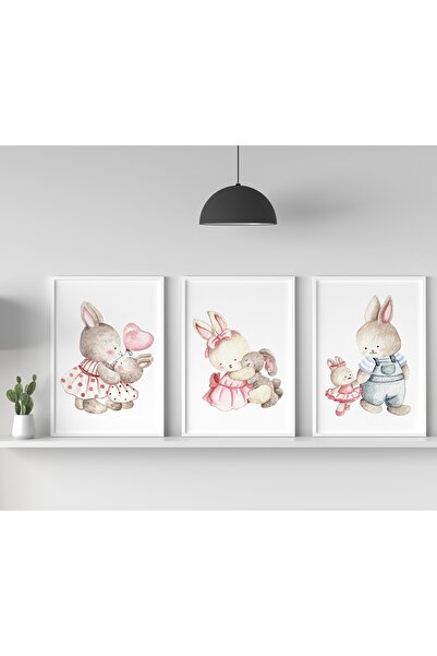 uckanlar 3'lü Poster Tasarımı, Dekor, Çocuk Odası, Tablo, Tavşan, Çerçeveli, Afiş, Dekoratif , Bebek Odası .