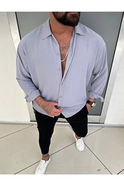 JAKARLI Ανδρικό πουκάμισο με γκρι υφή χωρίς σιδέρωμα Aerobin λινό oversize